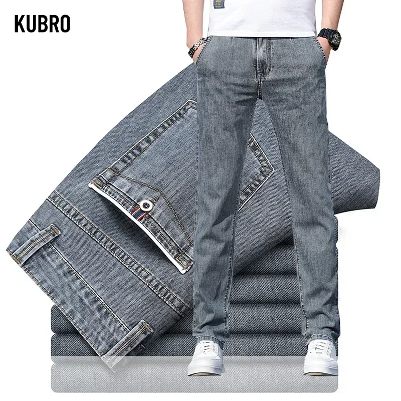Men Jeans Summer Loose Stretch Gray Light Blue Jeans Fashion Casual Stretch Straight-leg Denim Pants For Men