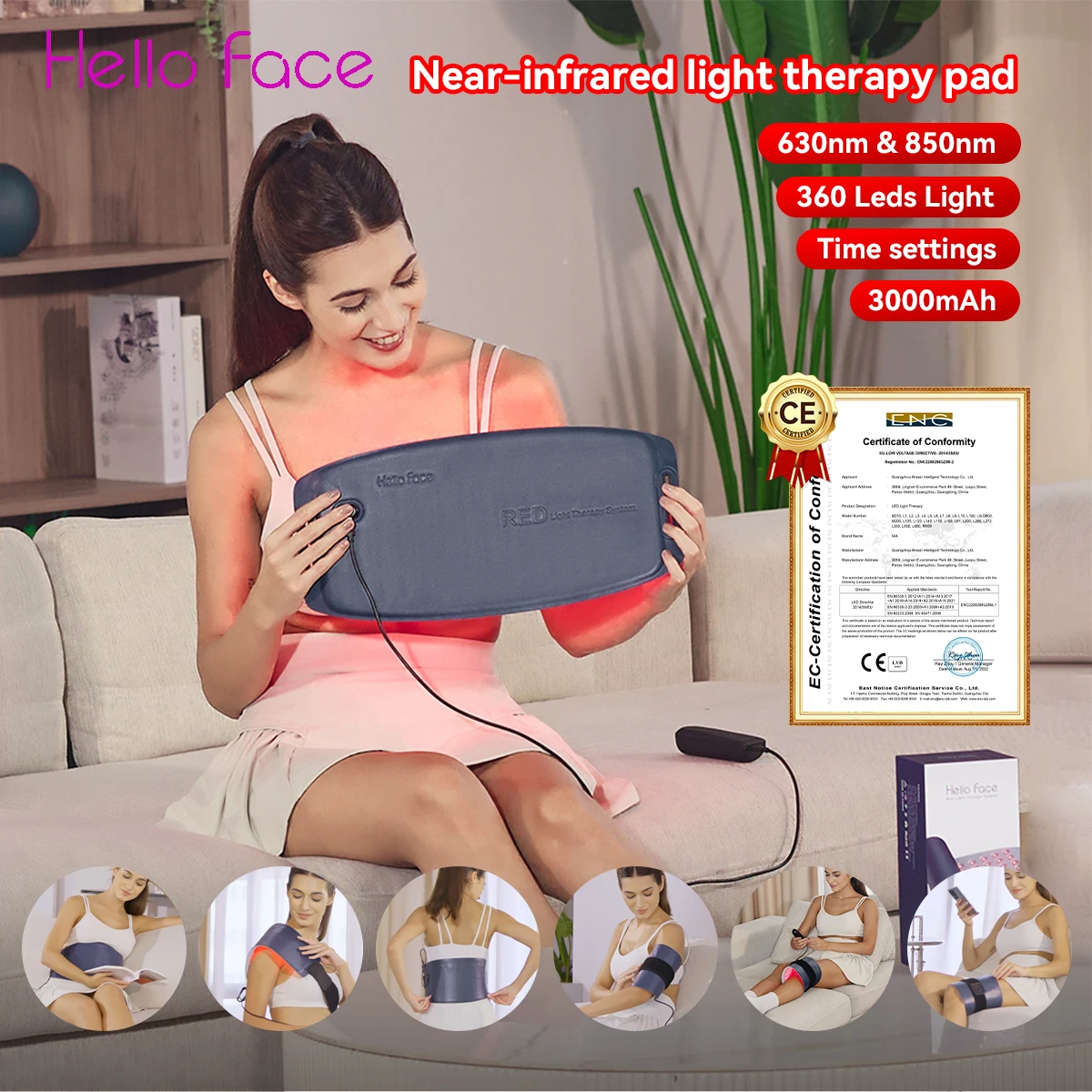 Hello Face L120 Near Infrared Red Light Therapy Pad LED 630nm 850nm Therapy Belt Body Phototherapy Pain Relief Heating Panel