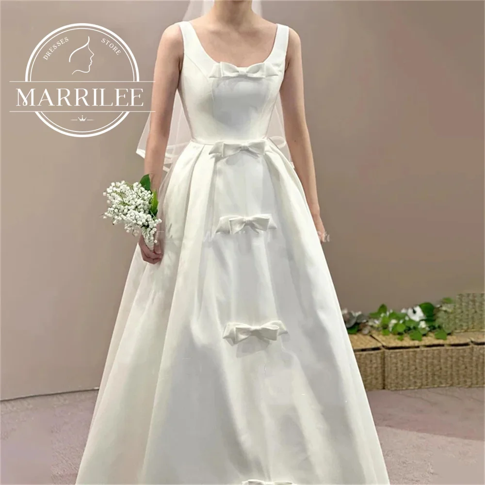 Marrilee Simple Spaghetti Straps Square Collar Stain Evening Dresses With Bow Elegant A-Line Sleeveless Floor Length Prom Gowns