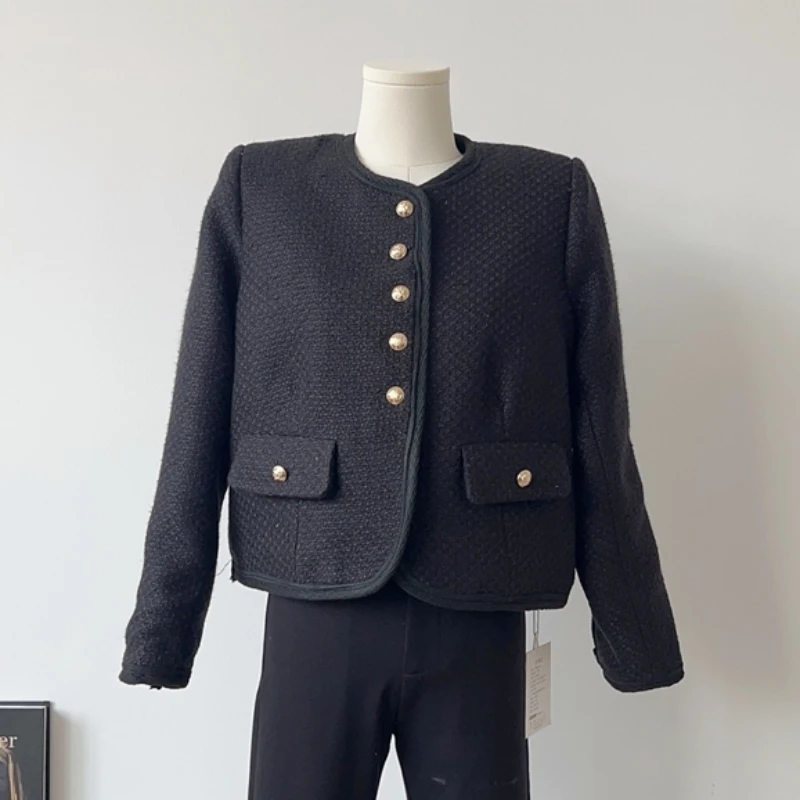 

Small Fragrance Autumn Round Neck Single Breasted Casual Black Classic Tweed 2023 Korean Long Sleeve Fashion Jacket Women Coat