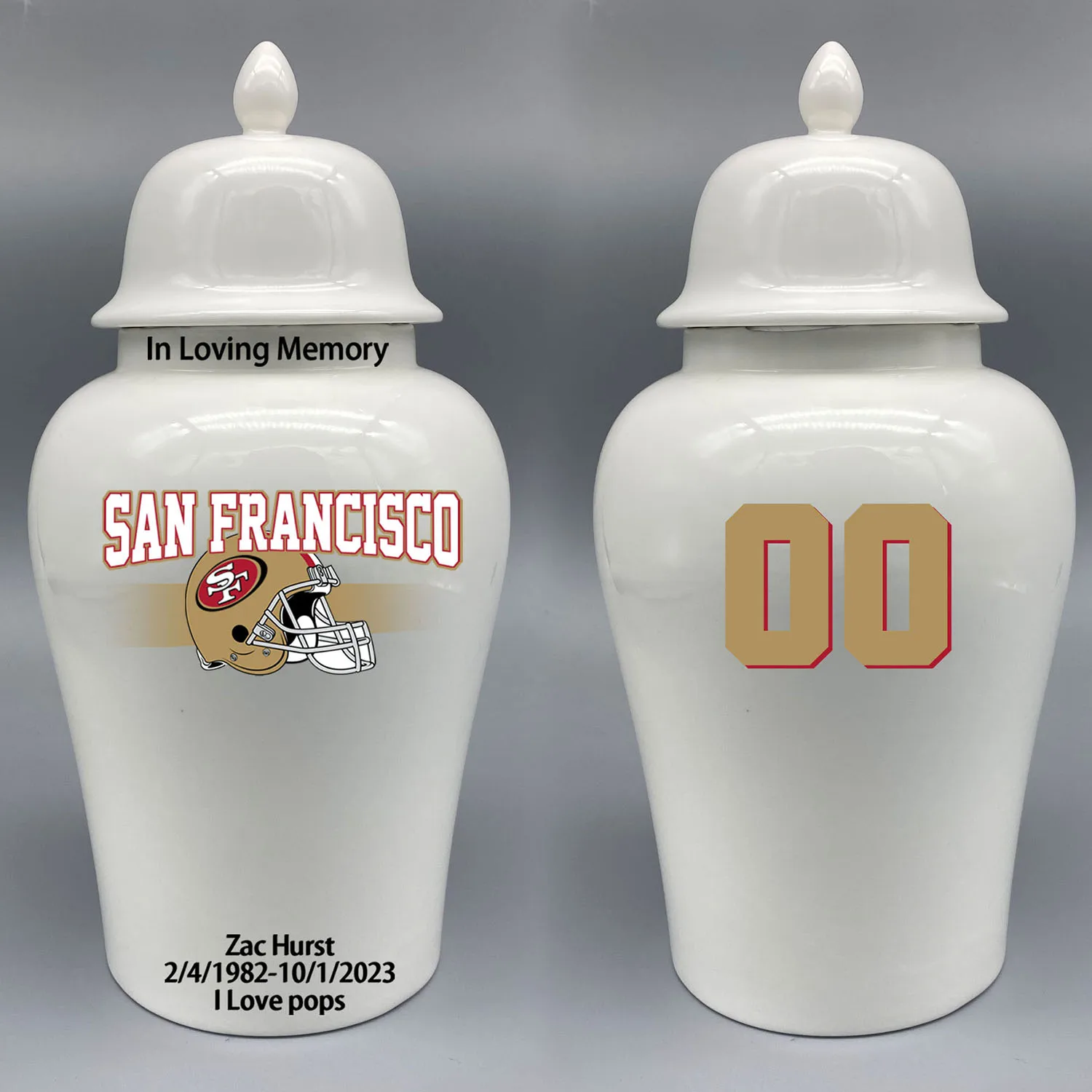 

Large Urn for San Francisco 49ers-themed Logo Urn.Please send me the customize information-name/date and number on the urn