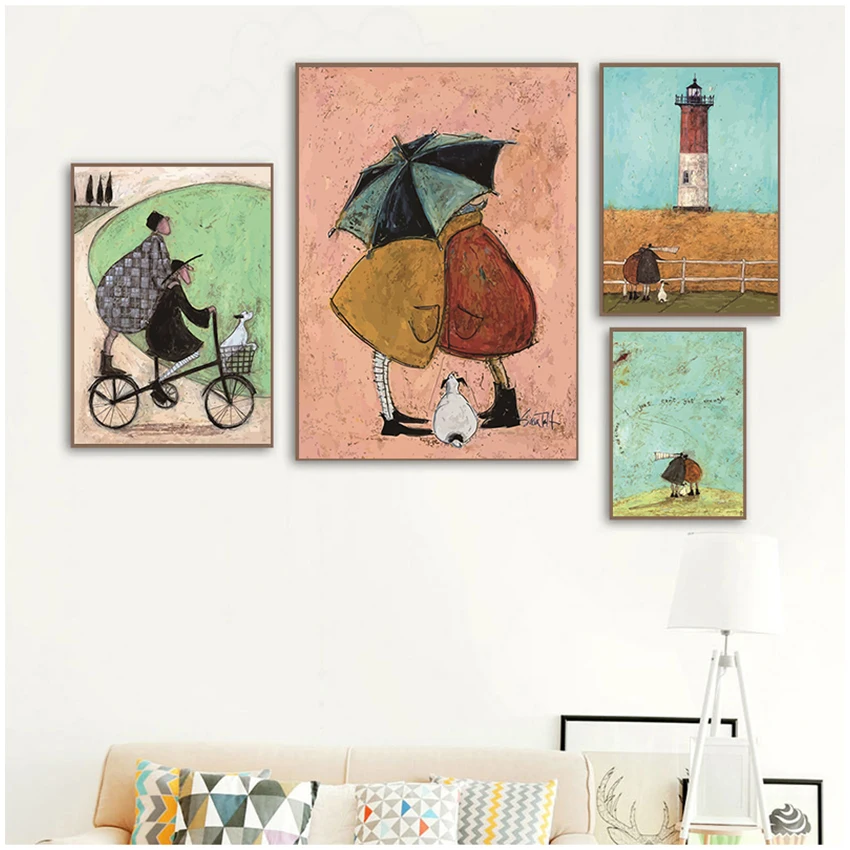 포스터 및 인쇄 그림 거실 홈 장식 빈티지 북유럽 추상 풍경 사랑 개 애완 동물 캔버스 벽 아트 그림