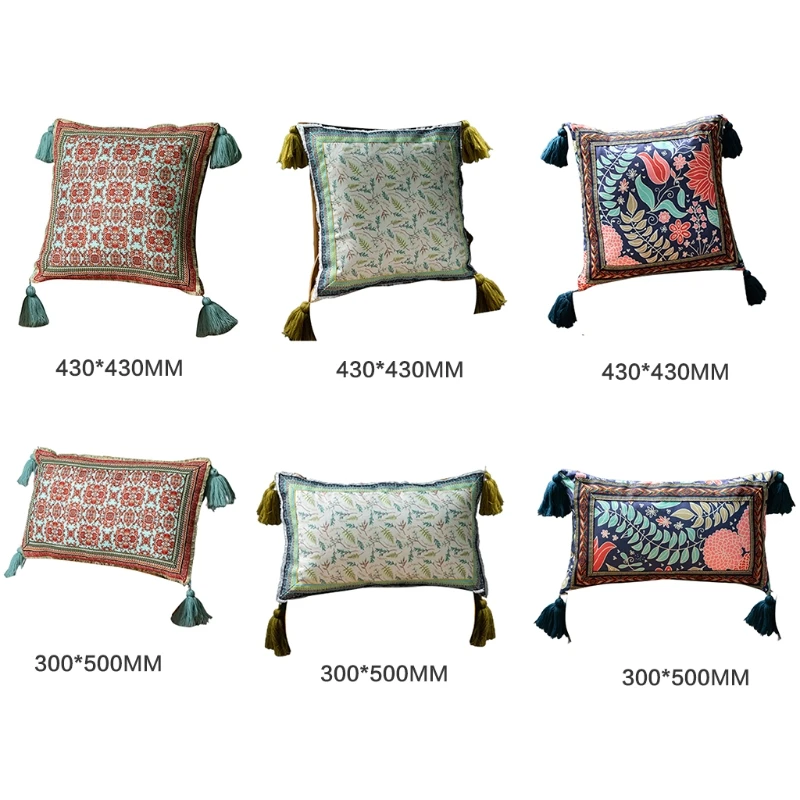 

Vintage Floral Lumbar Cushion Cover with Tassles Boho Ethnic Throw Pillow Covers Pillowcase for Couch Sofa Bed Living Room