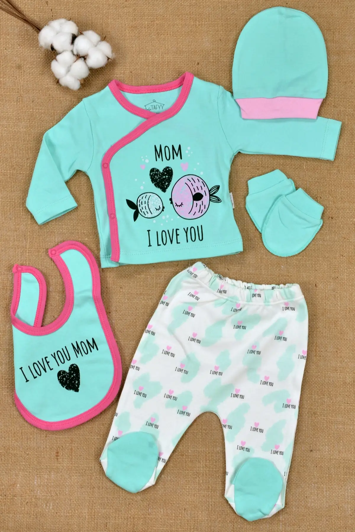 

100% Cotton, I Love Mom, 5 Piece Newborn Set & Hospital Exit 0-3 Months Cotton Green Outlets Baby Clothing