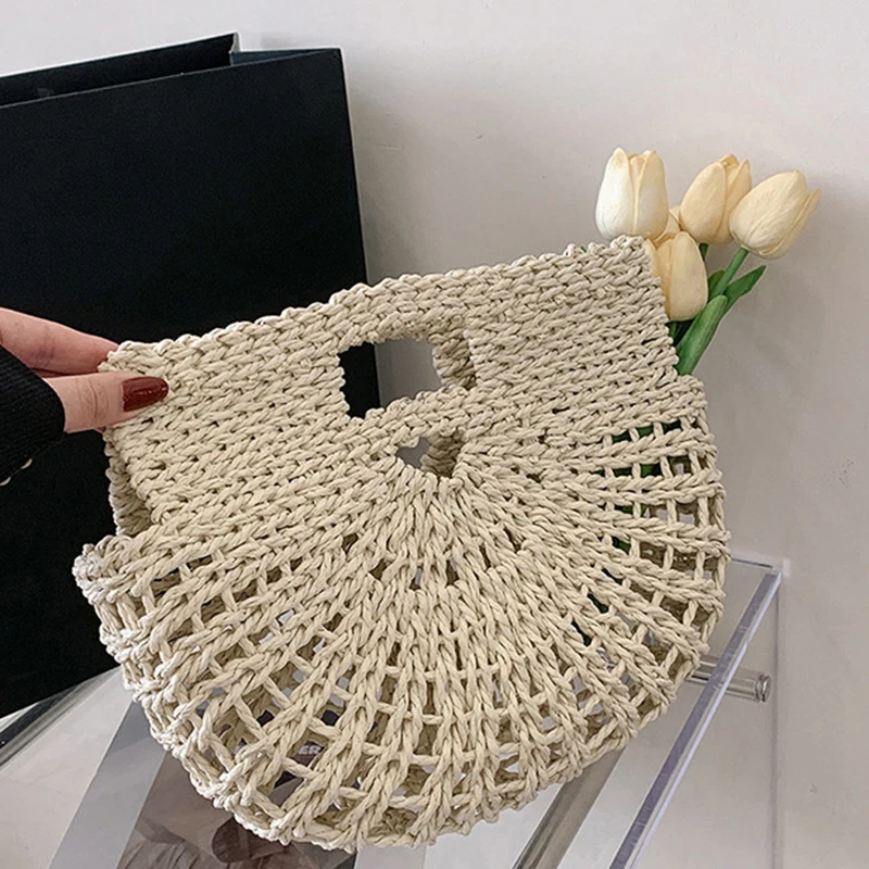 Vintage Half Round Wicker Straw Beach Handbags Women 2023 Summer Hollow Out Round Handle Woven Straw Bags High Quality Holiday