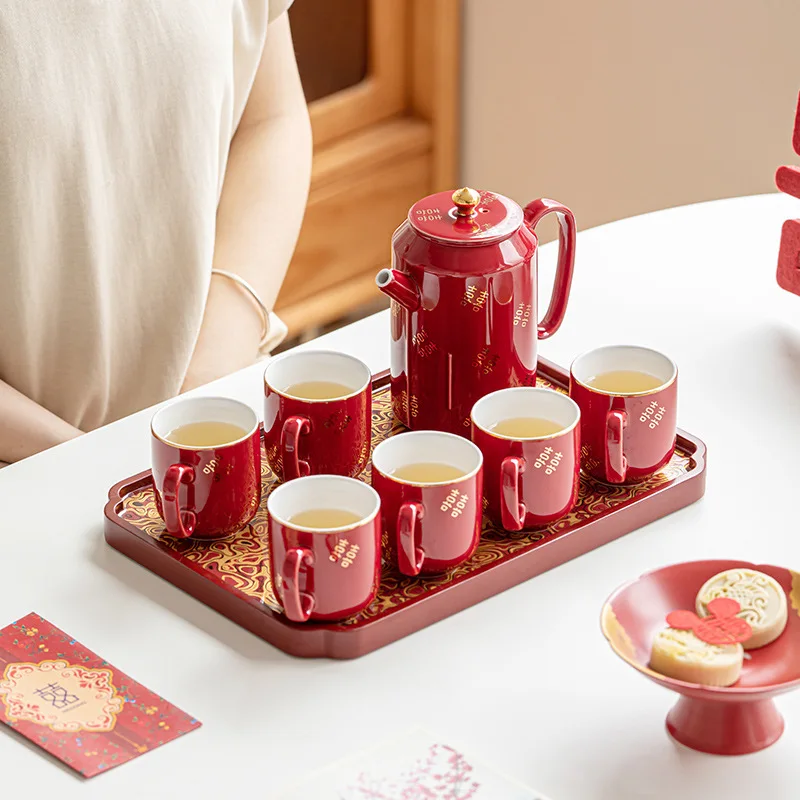 Ceramic Tea Set with Filter, Large Teapot, Tea Cup, Wedding Tray, Bride's Dowry Set, Bride's Hand Gift