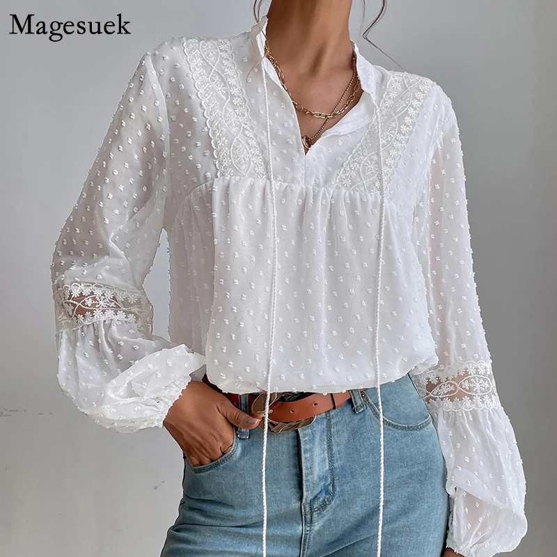 

Винтажная женская блузка с рукавами-фонариками, топы на шнуровке, женские элегантные женские рубашки, свободные блузы, осенняя Новинка 23214