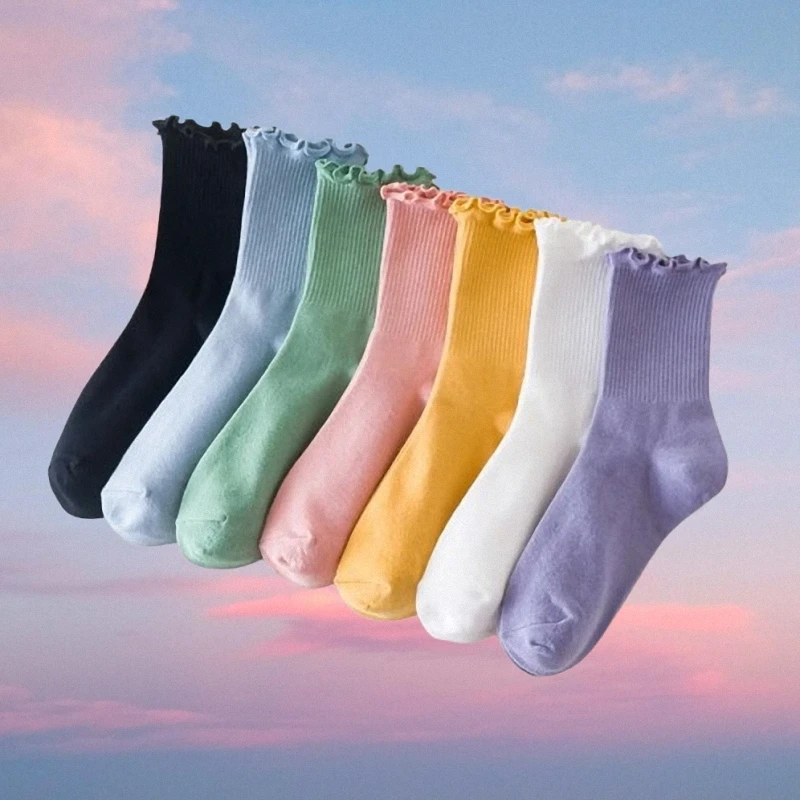 2024 New 3 Pairs Women Ruffle Lace Cute Socks Polyester Cotton Loose Knitting Solid Color Long Breathable Mid Tube Sock