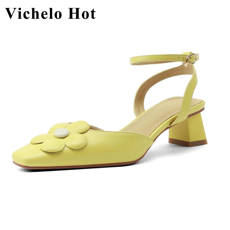 

Vichelo Hot Korean Style Flower Decoration Cow Split Leather Square Toe High Heel Slingbacks Buckle Strap Solid Women Pumps L85