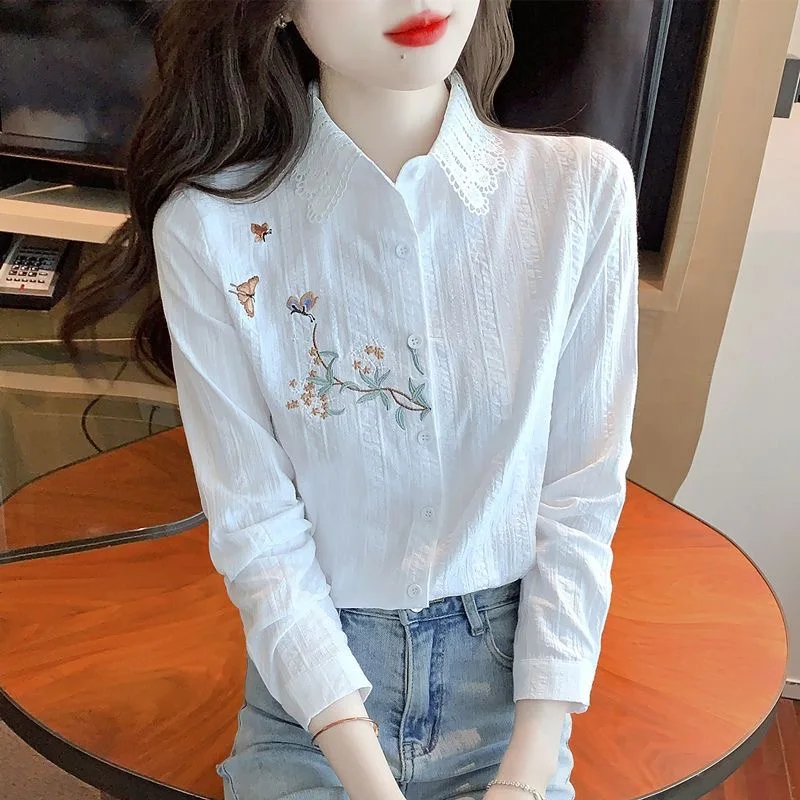 자수 여성 봄 가을 블라우스 셔츠 레이디 캐주얼 긴 소매 턴 다운 칼라 솔리드 컬러 블라우스 탑 DF4775