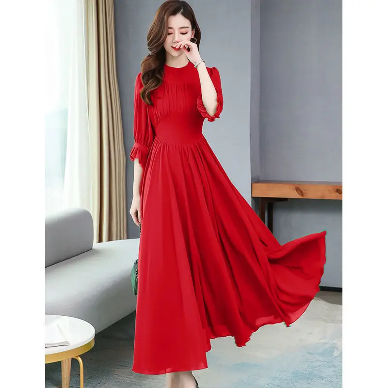 chinese dress ladies New chiffon stitching lace Dress lady elegant temperament long dress shirt  collar long sleeve women print dresses
