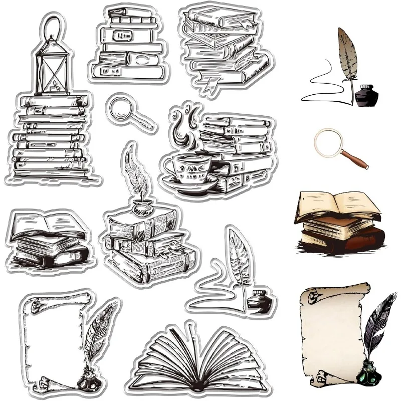 1Sheet Books Clear Stamps Magnifying Glass Quill Reusable Retro Transparent Silicone Stamp Seals for Scrapbooking Photo Album clear stamps,clear rubber stamps
