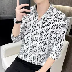 Men's Korean Fashion Print Casual Lapel Shirt - Summer Three Quarter Sleeve Slim Ice Silk Top - XXXL (White)