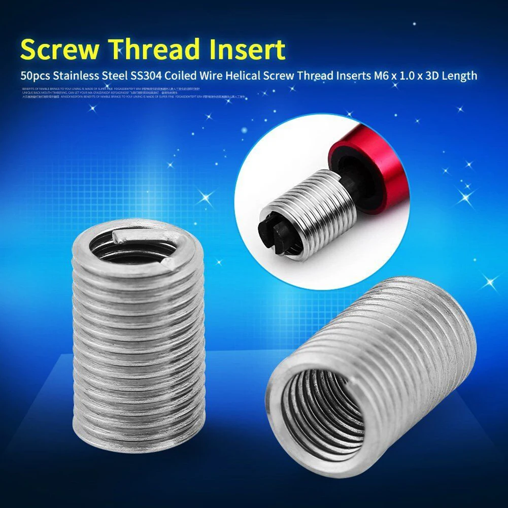 

50 Pcs Threaded Insert M6x1.0x3D Helicoil Stainless Steel Thread Repair Insert Kit Set Equipment Threaded Connection Accessories