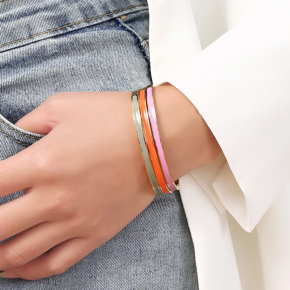 CARLIDANA Luxury Colorful Orange Enamel Bangles Bracelets for Women Party Gift Fashion Bangles Original Stainless Steel Jewelry 3