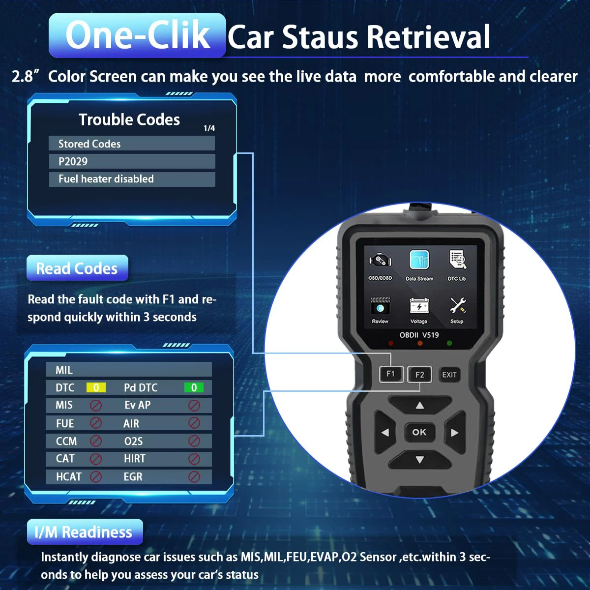 차량 OBD2 스캐너 진단 도구 코드 리더, 차량 전압 테스터 엔진 고장 코드 스캐너, 충전 테스터 진단 도구 V519