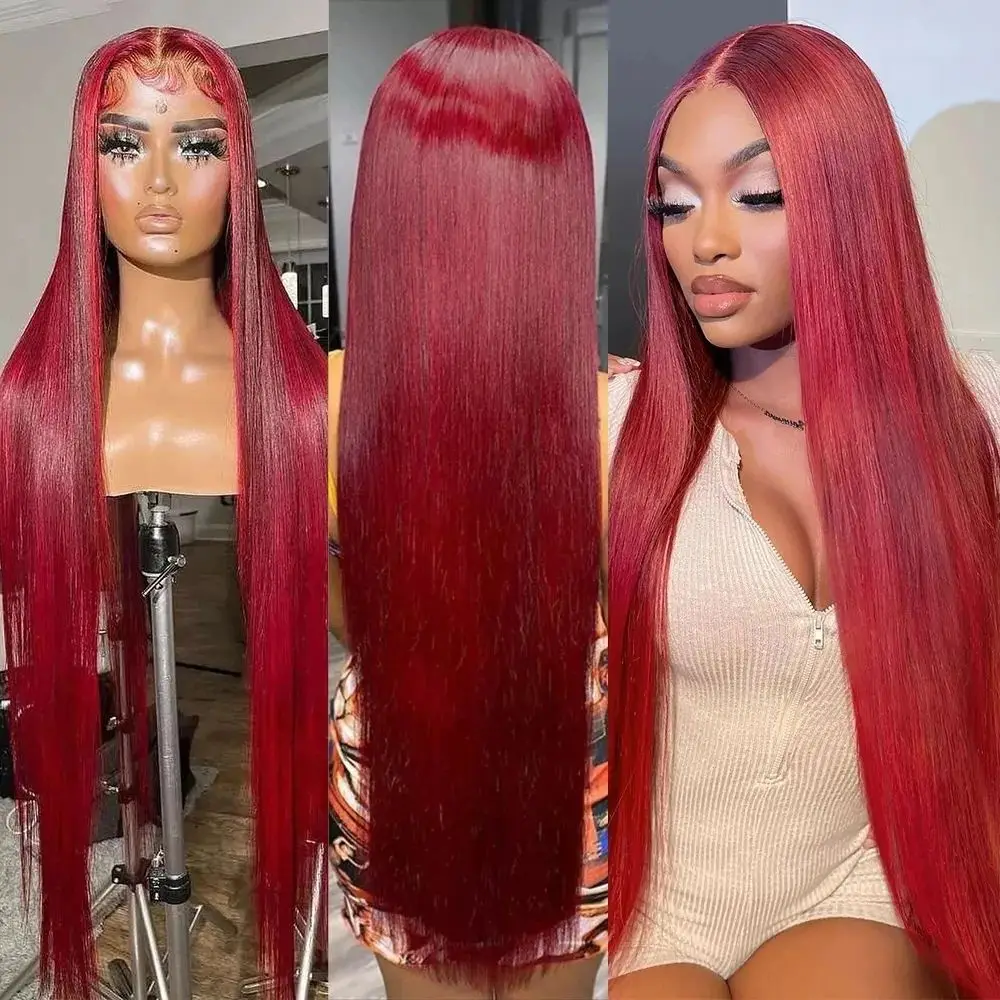 99J Burgundy 13x6 250 Density Lace Frontal wigs Human Hair 30 40 Inch Lace Front Wig HD Transparent Red Colored Wigs For Women