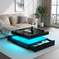 LED Coffee Table with Storage, High Glossy Modern White Center Table with 2 Drawers, Square Wooden Middle Table with 16-Color 1