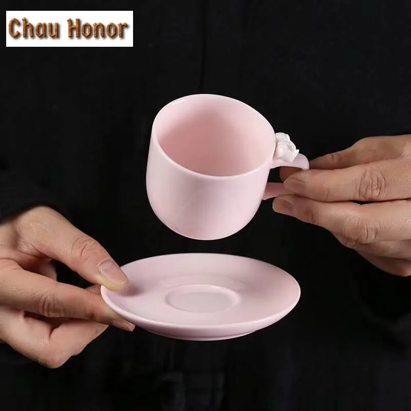 100ml Jade Mud Cherry Powder Coffee Mug With Plate Cappuccino Latte Cup Small Afternoon Tea Mug Cup Saucer Kit Tea Services Gift