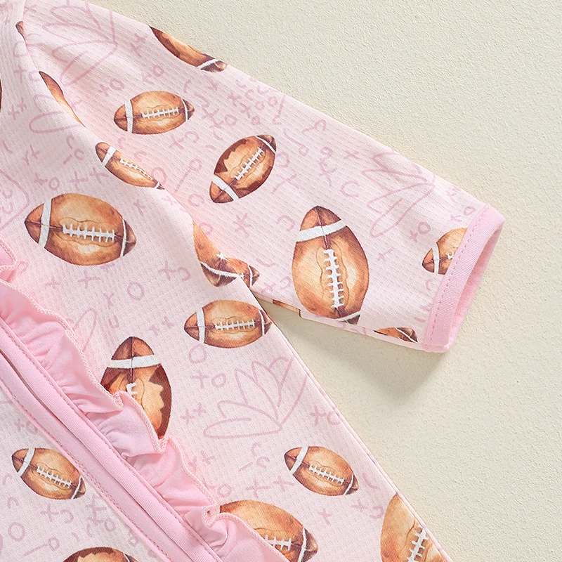Baby Girl Bodysuits Football Print Ruffled Zip Up Footie Long Sleeve Fall Romper Headband Outfits