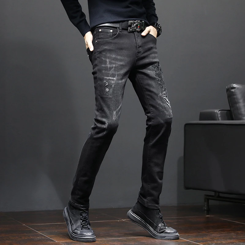 EH · MD® Heavy Industry Embroidered Jeans Men's Rose Double Crane Crane Chinese Style Slim Small Foot Stretch Youth Long Pants