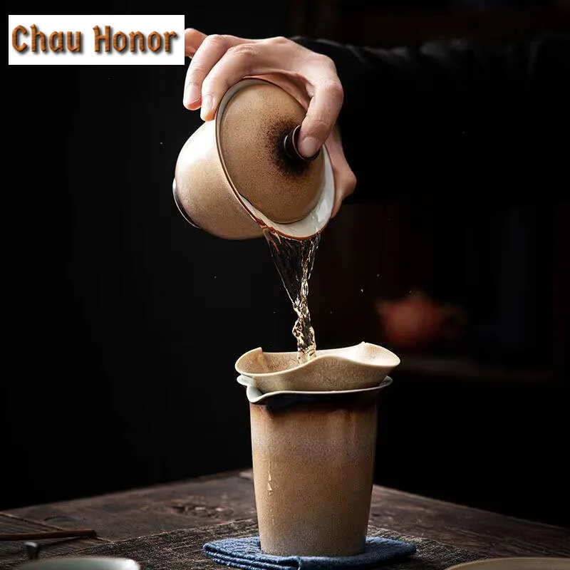 180ml Retro Kiln Change Coarse Pottery Gaiwan Aesthetic Tea Tureen Tea Bowl With Lid Kit Tea Brewing Cover Bowl Drinkware Gifts