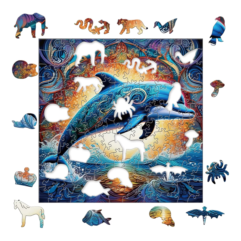 Dolphin Wooden Puzzle Animal Shaped Particles Exquisite Box and Keychain puzzle games Unique Gift for Adults and Children jigsaw puzzles wooden jigsaw puzzles wooden puzzle toys
