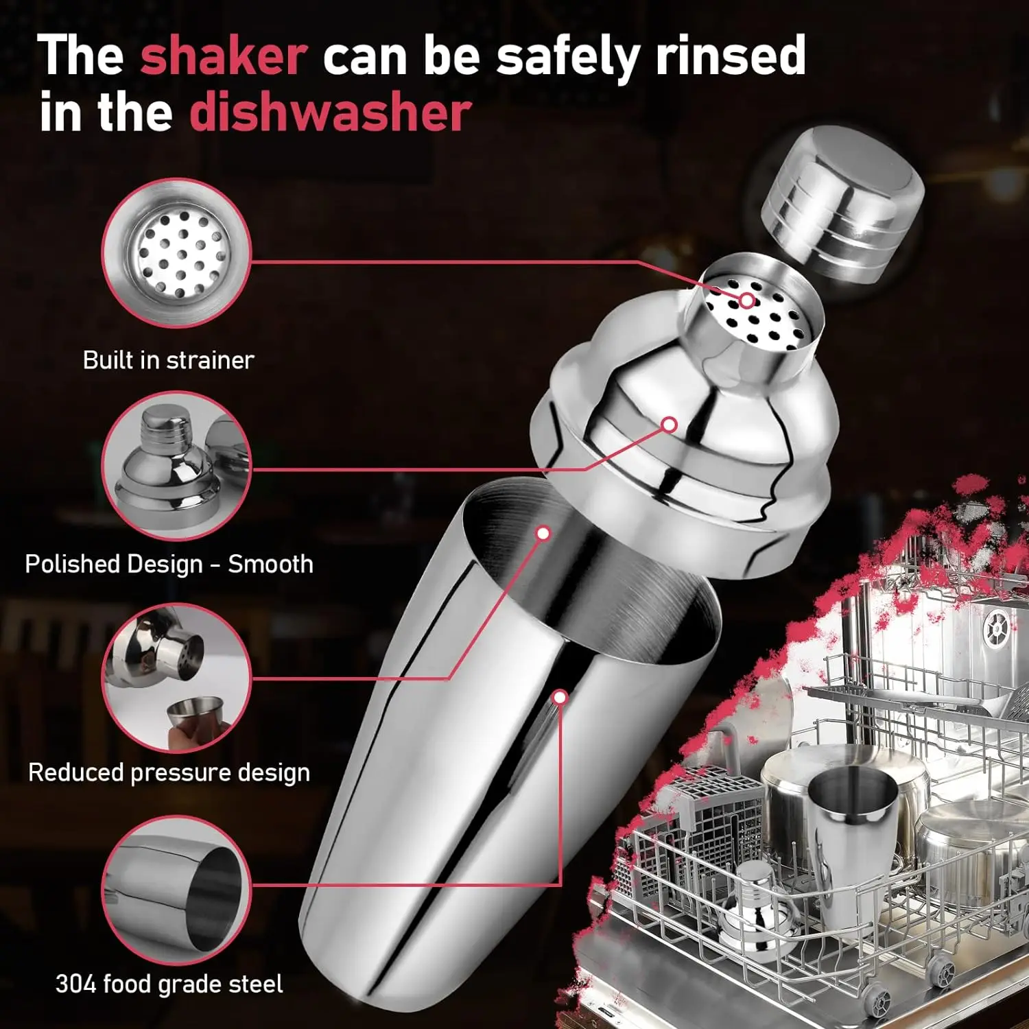 24 oz 750ml Stainless Steel Cocktail Shaker Set Mixed Drink Shaker Martini Set With Built In Strainer cocktail shaker cocktail bar tools