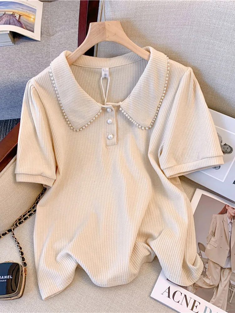 Large Size Doll Collar Nail Bead Short Sleeves T-shirt Summer New Casual Loose Slimming Versatile Tops Fashion Clothes for Women