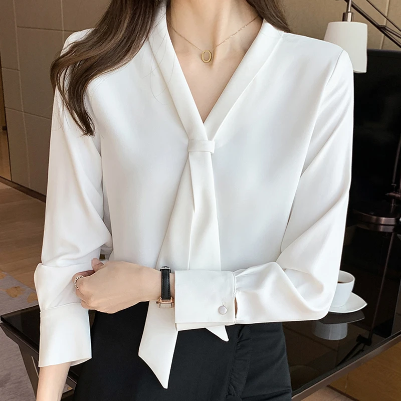 Blusa blanca De manga larga Mujer, camisa De gasa con lazo y cuello en V, - AliExpress