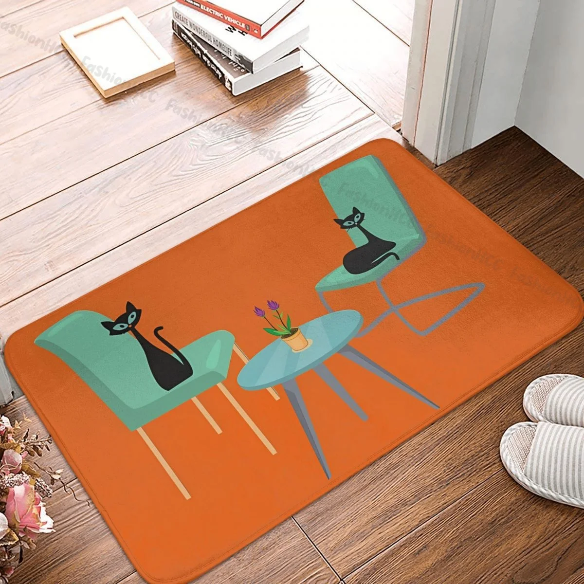 Mid Century Meow Black Cat Animal Bedroom Mat Atomic Cats Relaxing In Lounge Doormat Flannel Carpet Balcony Rug Home Decor