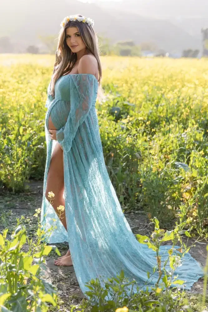 

Maternity Photography Maxi Dress For Photo Shooting Slit Open Slash Neck Flower Lace Pregnancy Photo Shoot Long Lace Dress