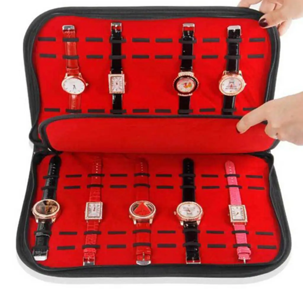 BLACK LEATHER 20 SLOT ZIPPER CASE STORAGE BOX ORGANIZER RED INTERIOR leather storage box