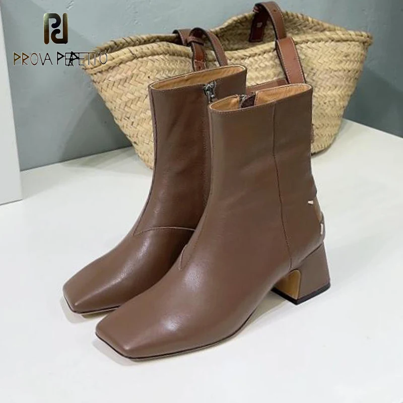 

Thick Heeled Short Boots Squared Toe Shiny Leather Designer Top Quality Luxury Side Zip Dress Shoes Women Beautiful Chic Boots
