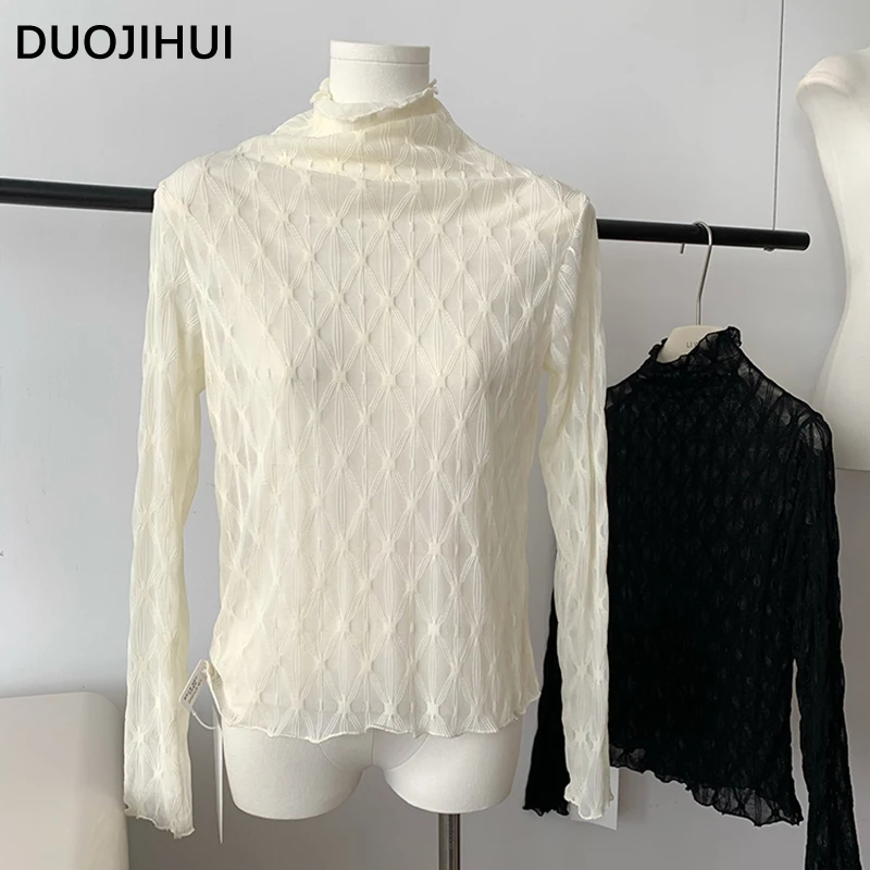 

DUOJIHUI Осенняя модная женская блузка абрикосового цвета с длинным рукавом, Классическая шикарная кружевная Базовая простая повседневная однотонная Свободная Женская блузка