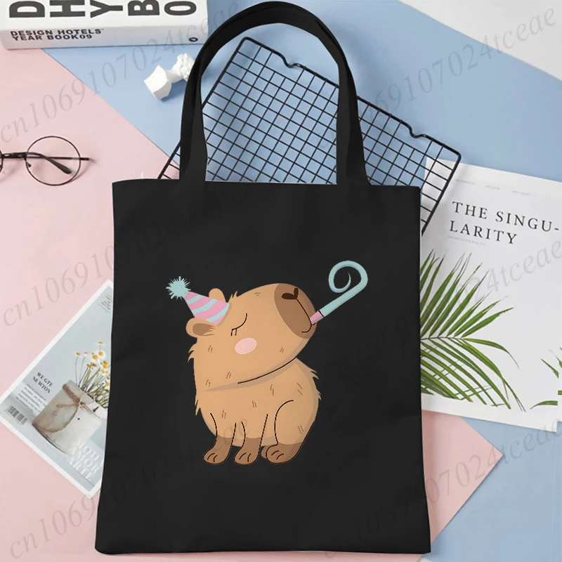 Capybara Ramen Graphics Women Handbags Harajuku Shoulder Bag Fashion Capybara Birthday Cartoon Tote Shopping Bag Kids Side