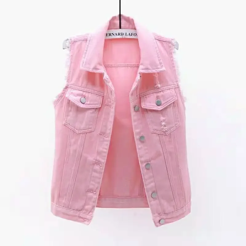 Sleeveless Short Jean Coat Streetwear Female Women Single Breasted Denim Vest Autumn Winter Solid Casual Turn-down Collar Pocket