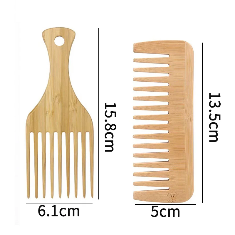 2Pcs/Set Natural Bamboo Wooden Comb Anti-Static Afro Fork Combs Beard Comb Men Women Anti-static Hair Wooden Comb Hair Styling C 3