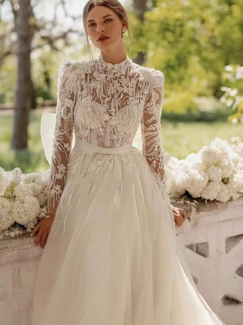 Bohemia Wedding Dresses Vintage Tulle Bridal Gown Lace Appliques Long Sleeves High Neck A-Line Robe Vestidos De Novia Customized 3