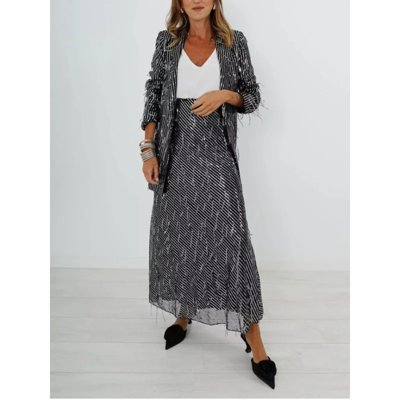 

Gy24250 Fashion Tassel Sequin Commuter Suit Coat Skirt Suit Szgy
