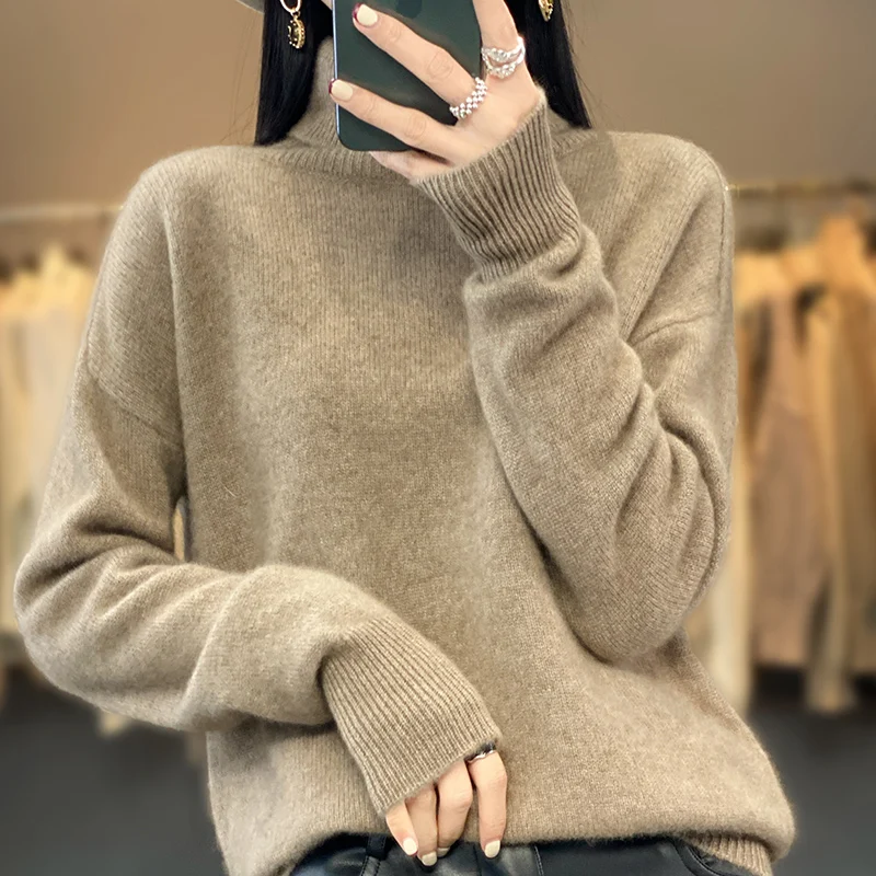 

High Collar Women's Pullover 100% Wool Sweater Solid Color Knitted Long Sleeve New Style Casual Pure Wool Sweater Autumn Winter