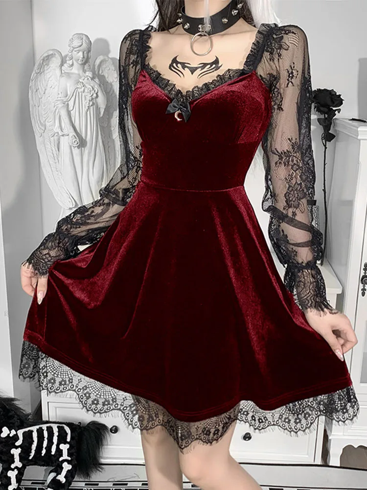 Gothic Lolita Girl Lace Trim Velvet A-Line Dress Women Sexy Perspective Long Sleeve V Neck Slim Mini Dress Cosplay Party Costume 2