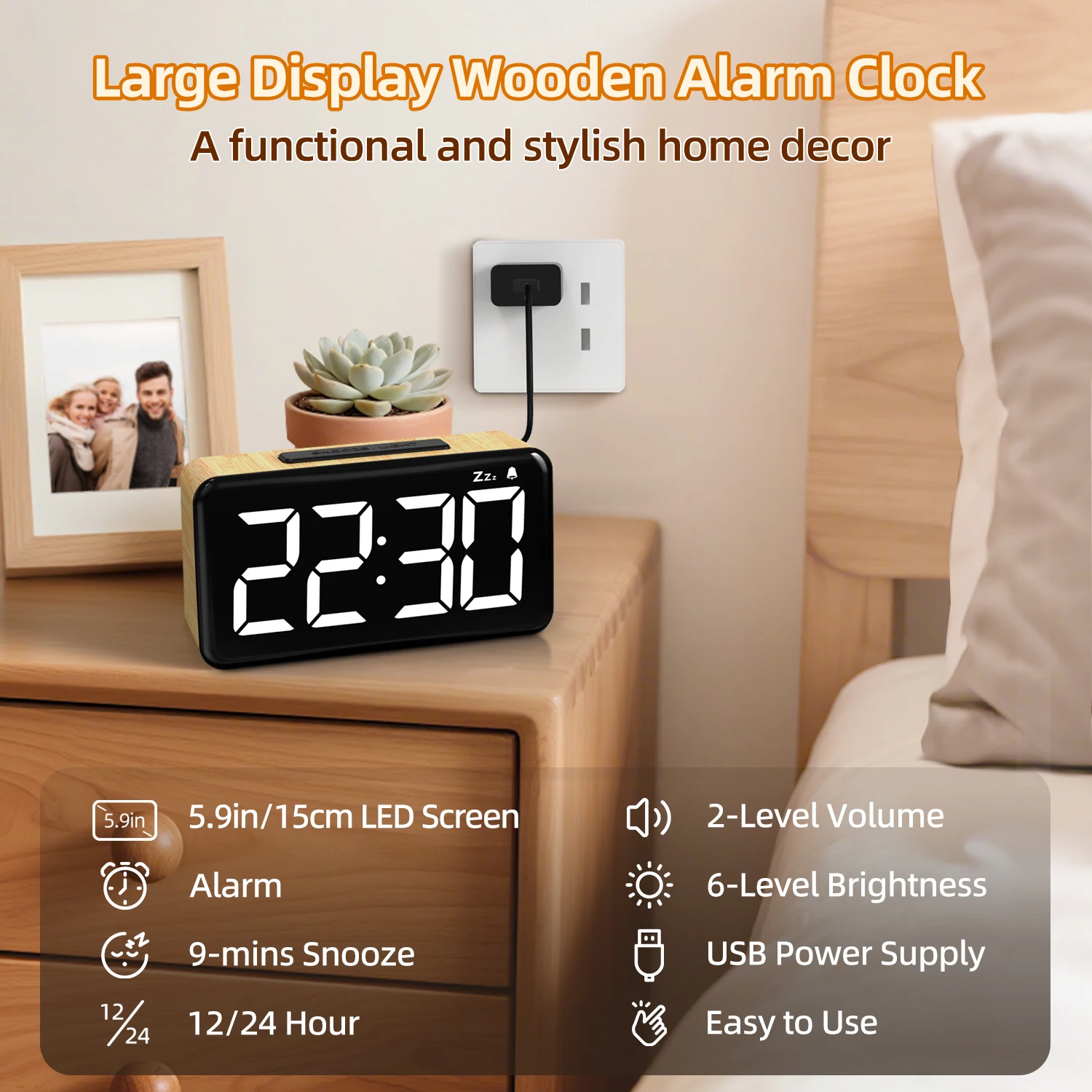 Elegant Wooden LED Alarm Clock with Large Display
