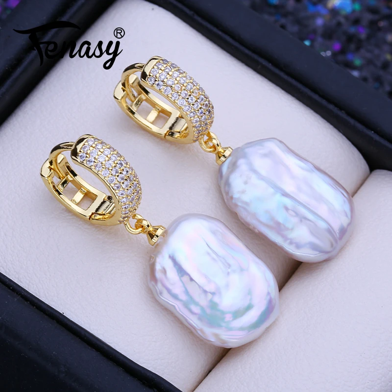 FENASY Natural Freshwater 12-16mm Big Baroque Pearl Drop Earrings 925 Sterling Silver Bridal Jewelry Gifts or Women Wholesale