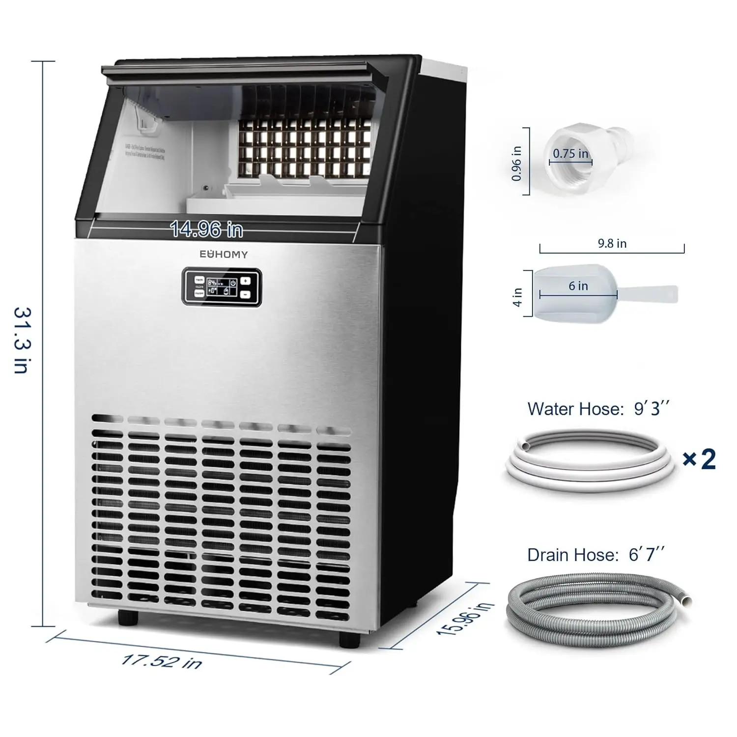 Commercial Ice Maker Machine, 100lbs/24H Stainless Steel Under Counter ice Machine with 33lbs Ice Storage Capacity, Freestanding 6