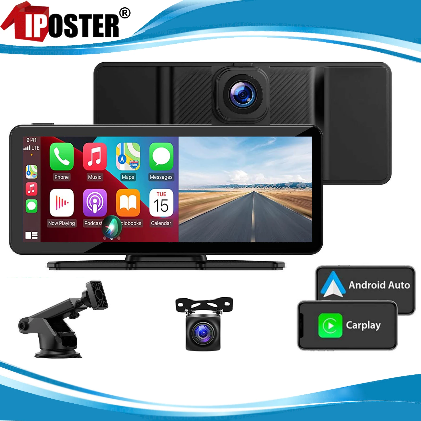 Iposter 10.26 Pollici Dash Cam Wireless Carplay E Android Auto Fm Bluetooth Audio Car Dvr Videoregistratore Gps Fotocamera Posteriore 12V