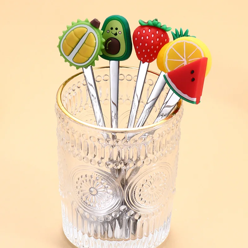 Stainless Steel Fruit Shaped Coffee Spoons Fruit Dessert Spoon Fork Candy Tea Spoon Drink Tableware Kitchen Supplies 7Pcs stainless steel spoon