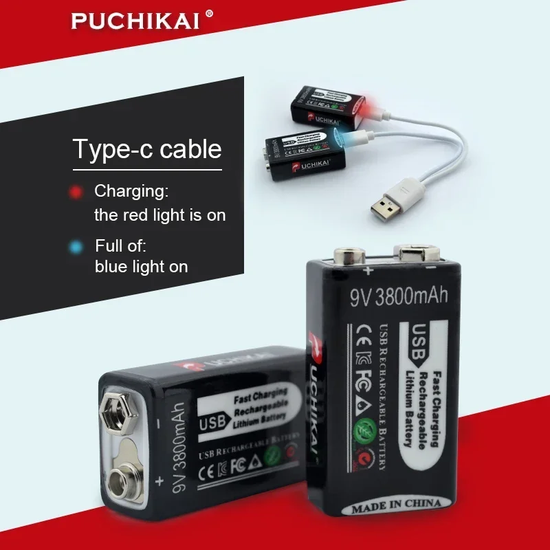 

9V 3800mAh polymer lithium-ion rechargeable USB Type-C battery, suitable for multimeter, microphone, toy remote control, KTV+USB