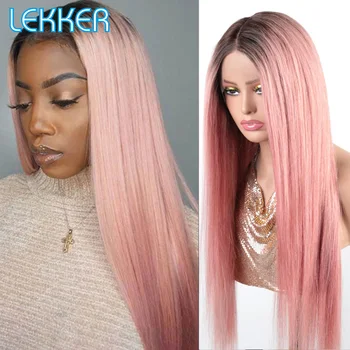 Lekker Rose Pink Bone Straight 13x1 T Part Lace Front 100%Human Hair Wig For Women Brazilian Remy Hair Glueless Colored Long Wig