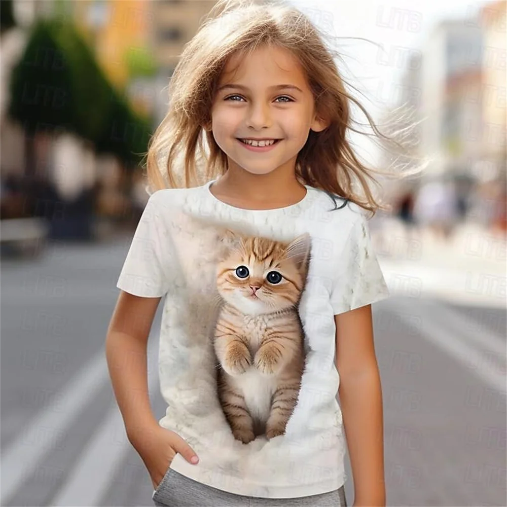 لطيف القط 3D المطبوعة متعة ملابس الأطفال طفلة تي شيرت الصيف قصيرة الأكمام بارد فتاة تي شيرت خفيفة الوزن breathab